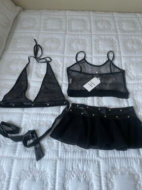 Black Mesh Bikini Top, Crop and Skirt Set